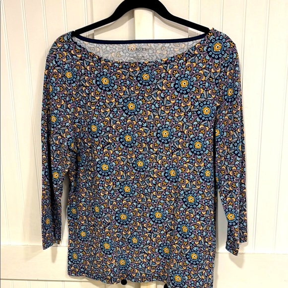 Talbots Blue Patterned, scoop neck, 3/4 sleeve, colorful, soft Top size L - Picture 1 of 7
